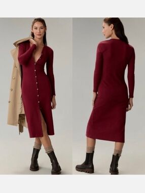 NWT Anthropologie Grey State Mila Raspberry Maroon Ribbed Midi Dress
